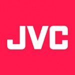 A red background with the word jvc in white letters.