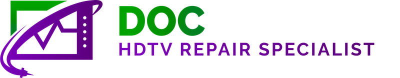 A black background with the words doc tim tv repair in green and purple.