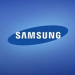 A blue samsung logo on top of a blue background.