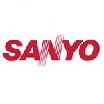 A red and white logo of sanyo
