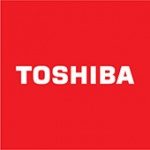 A red square with the word toshiba in white.